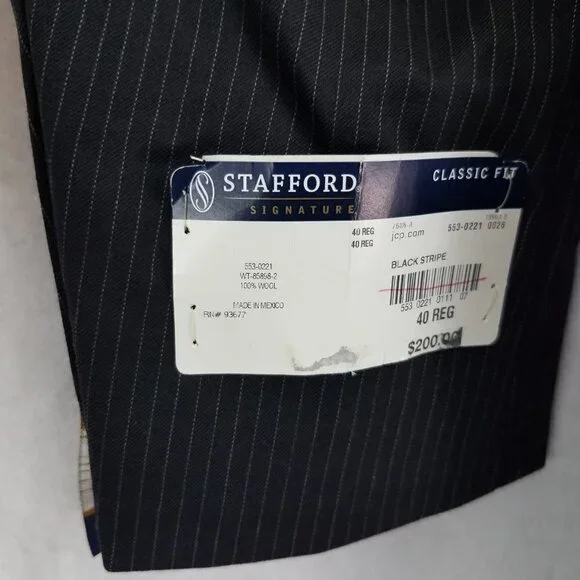 NEW Stafford Signature Men's 40 Regular Wool Blazer Suit Jacket in Black Stripe